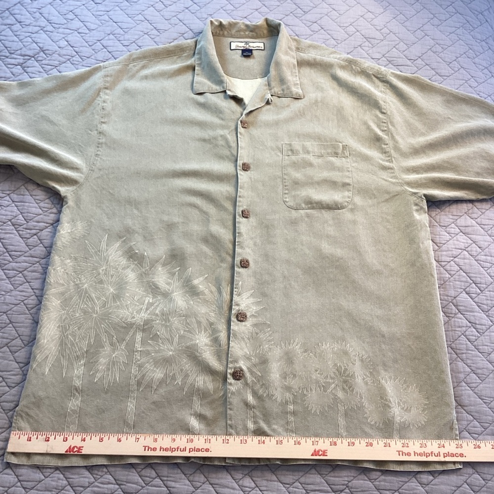 Tommy Bahama Silk Lt. Olive Palm Print Button Down Shirt Sz XL